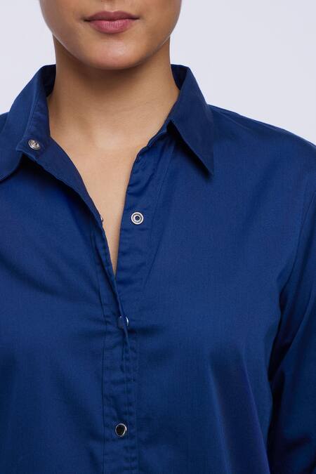 Pallavi Swadi_Blue Cotton Satin Collared Plain Shirt Dress_at_Aza_Fashions