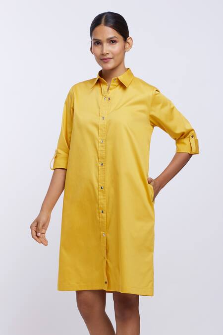 Pallavi Swadi_Yellow Cotton Satin Collared Shirt Dress_Online_at_Aza_Fashions