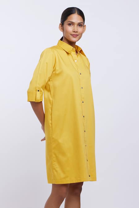 Buy_Pallavi Swadi_Yellow Cotton Satin Collared Shirt Dress_Online_at_Aza_Fashions