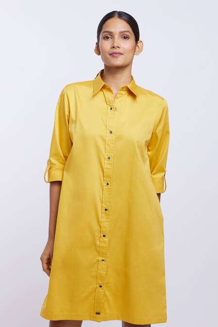 Shop_Pallavi Swadi_Yellow Cotton Satin Collared Shirt Dress_Online_at_Aza_Fashions