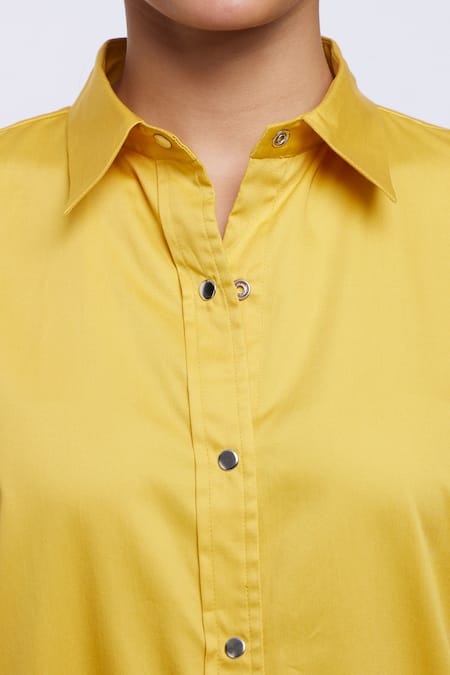 Pallavi Swadi_Yellow Cotton Satin Collared Shirt Dress_at_Aza_Fashions