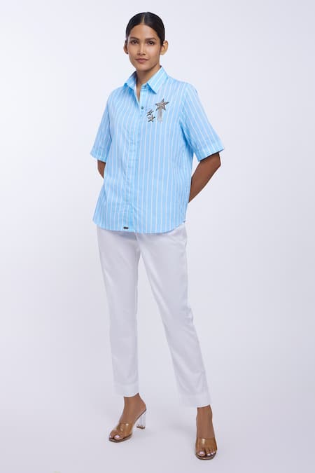 Pallavi Swadi_Blue Cotton Satin Stones Collared Swaroski Embellished Shirt_Online_at_Aza_Fashions