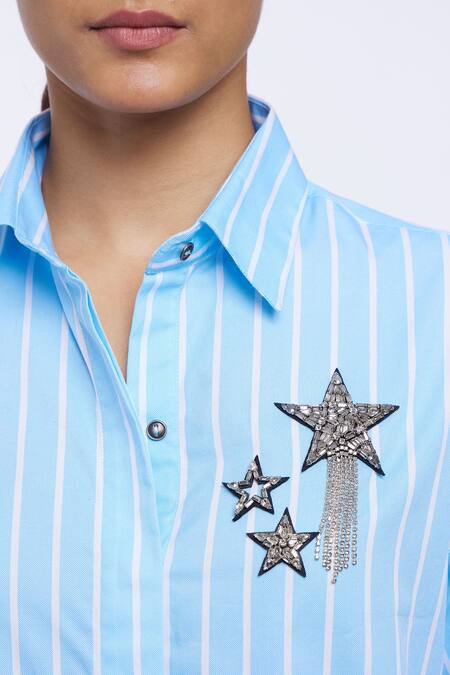 Shop_Pallavi Swadi_Blue Cotton Satin Stones Collared Swaroski Embellished Shirt_Online_at_Aza_Fashions
