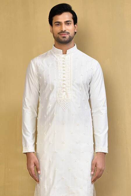 Shop Arihant Rai Sinha White , Satin Embroidery Straight Kurta And Pant Set Online at Aza Fashions Shop_Arihant Rai Sinha_White , Satin Embroidery Straight Kurta And Pant Set_Online_at_Aza_Fashions