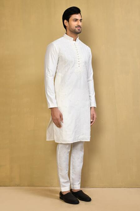 Arihant Rai Sinha White , Satin Embroidery Straight Kurta And Pant Set at Aza Fashions Arihant Rai Sinha_White , Satin Embroidery Straight Kurta And Pant Set_at_Aza_Fashions