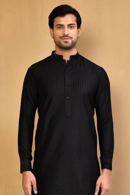 Arihant Rai Sinha Black Cotton Embroidery Stripe Kurta With Polo Pant Online at Aza Fashions Arihant Rai Sinha_Black Cotton Embroidery Stripe Kurta With Polo Pant_Online_at_Aza_Fashions