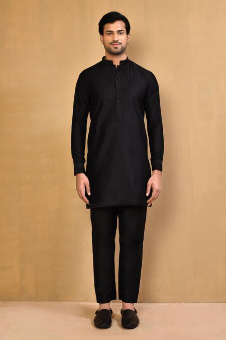Shop_Arihant Rai Sinha_Black Cotton Embroidery Stripe Kurta With Polo Pant_Online_at_Aza_Fashions