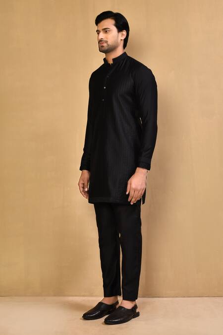 Arihant Rai Sinha_Black Cotton Embroidery Stripe Kurta With Polo Pant_at_Aza_Fashions