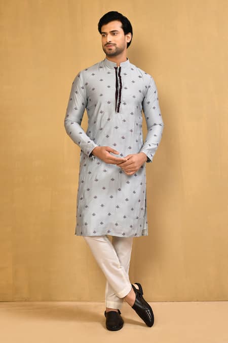 Arihant Rai Sinha Sky Blue Cotton Blend Embroidered Thread Botanic Kurta With Polo Pant 