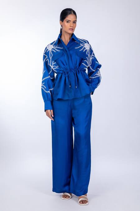World Of RA_Blue 45% Bemberg Cupro Marine Straight Pant_Online_at_Aza_Fashions