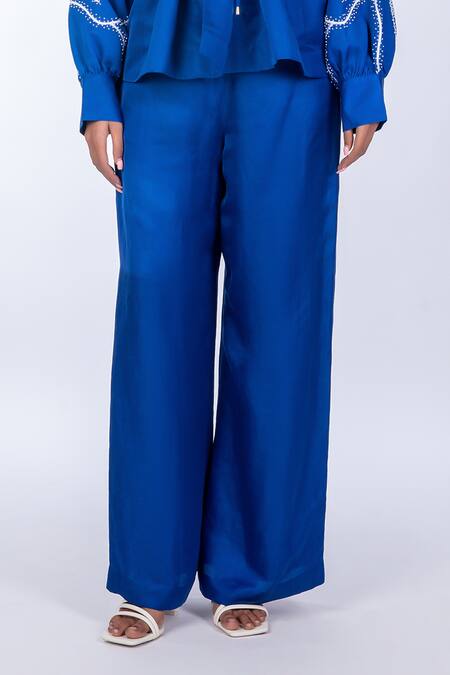 Buy_World Of RA_Blue 45% Bemberg Cupro Marine Straight Pant_Online_at_Aza_Fashions