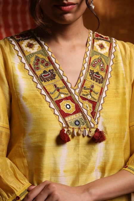 Buy Shivani Bhargava Yellow Handloom Chanderi Tie Dye V Neck Straight Kurta Pant Set Online at Aza Fashions Buy_Shivani Bhargava_Yellow Handloom Chanderi Tie Dye V Neck Straight Kurta Pant Set _Online_at_Aza_Fashions