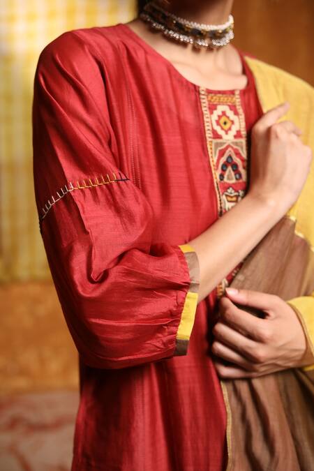 Shivani Bhargava Maroon Handloom Chanderi Hand Embroidered Tribal Round Placket Kurta Set Online at Aza Fashions Shivani Bhargava_Maroon Handloom Chanderi Hand Embroidered Tribal Round Placket Kurta Set _Online_at_Aza_Fashions