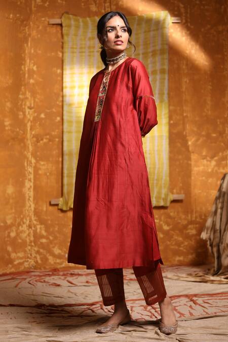 Shop Shivani Bhargava Maroon Handloom Chanderi Hand Embroidered Tribal Round Placket Kurta Set Online at Aza Fashions Shop_Shivani Bhargava_Maroon Handloom Chanderi Hand Embroidered Tribal Round Placket Kurta Set _Online_at_Aza_Fashions