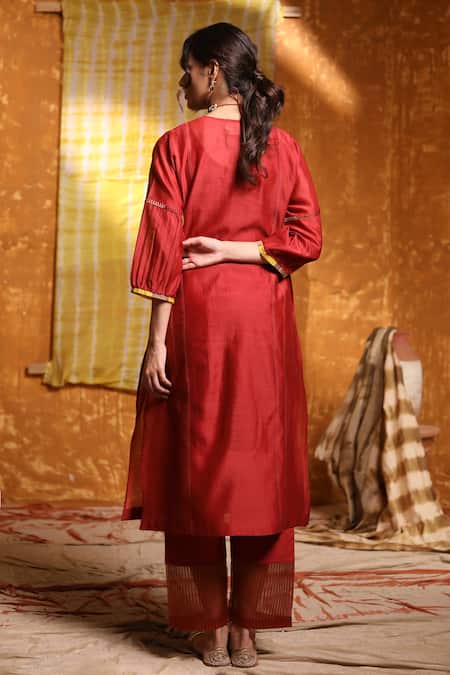 Shop_Shivani Bhargava_Maroon Handloom Chanderi Hand Embroidered Tribal Round Placket Kurta _at_Aza_Fashions
