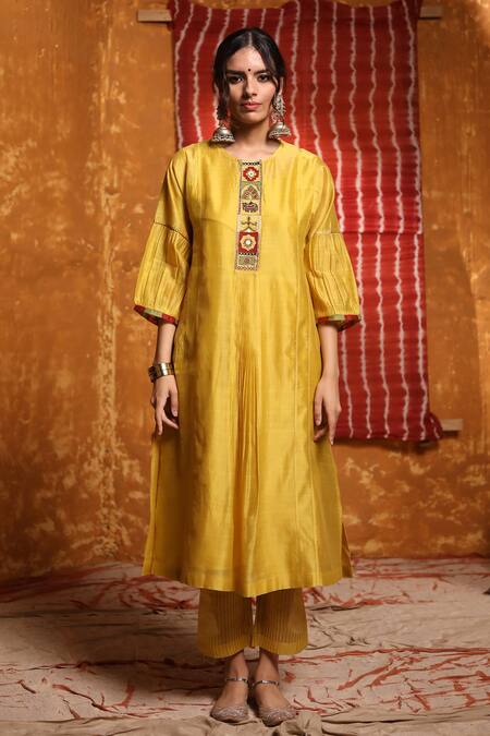 Shop_Shivani Bhargava_Yellow Handloom Chanderi Hand Embroidered Tribal Round Kurta Set _Online_at_Aza_Fashions
