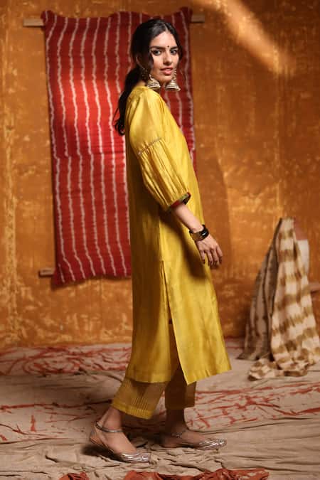 Shop_Shivani Bhargava_Yellow Handloom Chanderi Hand Embroidered Tribal Round Placket Kurta _Online_at_Aza_Fashions