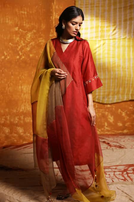 Shivani Bhargava Maroon Silk, Handloom Cotton Embroidery, Tassels Pintucked Choga Kurta Set 