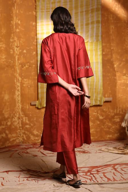 Shop_Shivani Bhargava_Maroon Silk, Handloom Cotton Embroidery, Tassels Pintucked Choga Kurta Set _at_Aza_Fashions