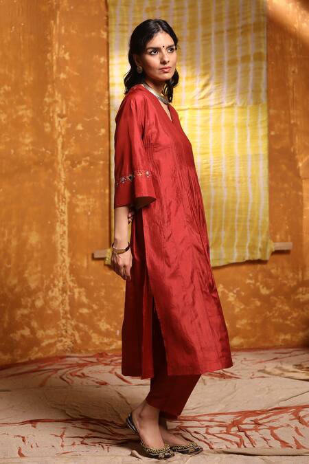 Buy_Shivani Bhargava_Maroon Silk, Handloom Cotton Embroidery, Tassels Pintucked Choga Kurta Set _Online_at_Aza_Fashions