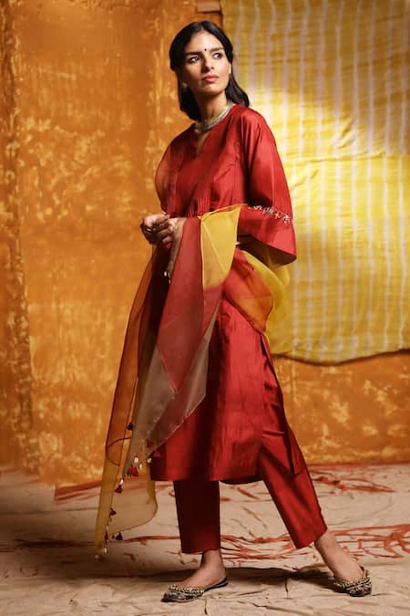 Shop_Shivani Bhargava_Maroon Silk, Handloom Cotton Embroidery, Tassels Pintucked Choga Kurta Set _Online_at_Aza_Fashions