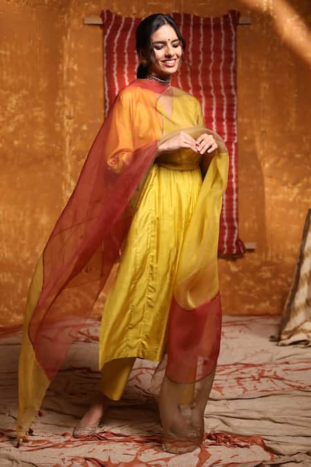 Shivani Bhargava Yellow Silk Embroidery, Tassels V-neck Handloom Pintucked Choga Kurta Pant Set 