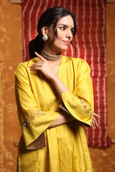 Shop_Shivani Bhargava_Yellow Silk Embroidery, Tassels V-neck Handloom Pintucked Choga Kurta Pant Set _Online_at_Aza_Fashions