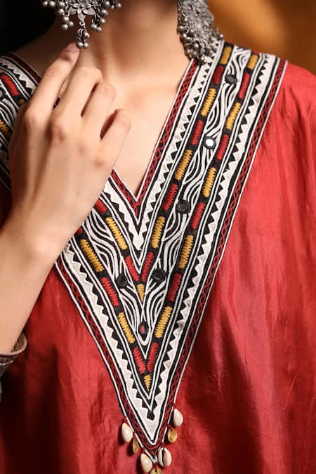 Shivani Bhargava Maroon Cotton Tassels V-neck Embroidered Short Tunic And Pant Set Online at Aza Fashions Shivani Bhargava_Maroon Cotton Tassels V-neck Embroidered Short Tunic And Pant Set _Online_at_Aza_Fashions