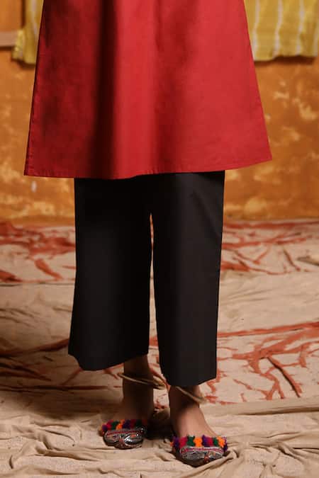 Shop Shivani Bhargava Maroon Cotton Tassels V-neck Embroidered Short Tunic And Pant Set Online at Aza Fashions Shop_Shivani Bhargava_Maroon Cotton Tassels V-neck Embroidered Short Tunic And Pant Set _Online_at_Aza_Fashions