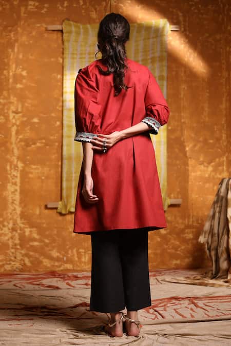 Shop_Shivani Bhargava_Maroon Cotton Embroidered Tribal V Neck Short Tunic _at_Aza_Fashions