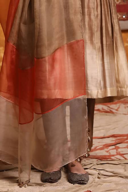 Shivani Bhargava_Brown Handloom Cotton, Cotton, Chanderi Embroidery Ombre Gathered Kurta Pant Set _Online_at_Aza_Fashions