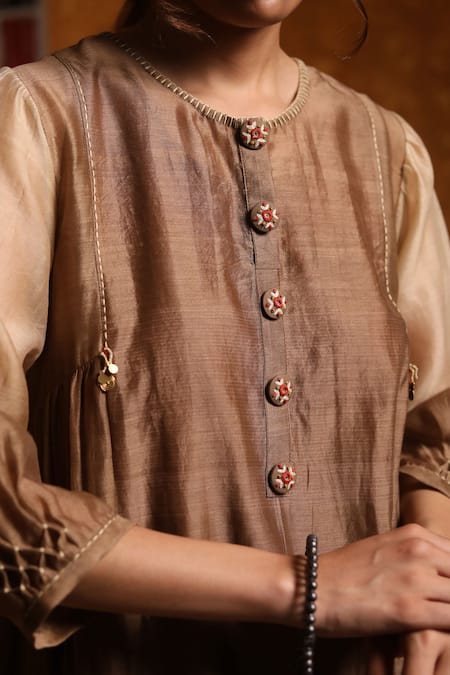 Buy_Shivani Bhargava_Brown Handloom Cotton, Cotton, Chanderi Embroidery Ombre Gathered Kurta Pant Set _Online_at_Aza_Fashions