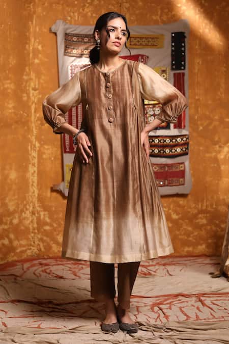 Shop_Shivani Bhargava_Brown Handloom Cotton, Cotton, Chanderi Embroidery Ombre Gathered Kurta Pant Set _Online_at_Aza_Fashions
