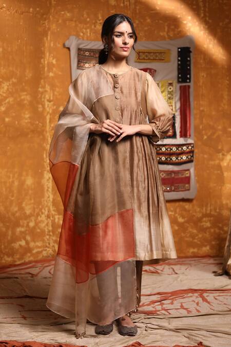 Shivani Bhargava_Brown Handloom Cotton, Chanderi Embroidery Round Neck Ombre Gathered Kurta _Online_at_Aza_Fashions