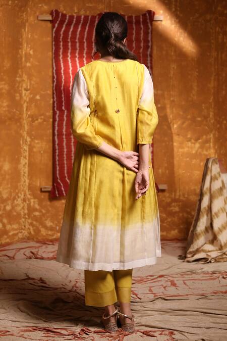 Shop Shivani Bhargava Yellow Handloom Chanderi Dyed Round Ombre Gathered Kurta Pant Set at Aza Fashions Shop_Shivani Bhargava_Yellow Handloom Chanderi Dyed Round Ombre Gathered Kurta Pant Set _at_Aza_Fashions