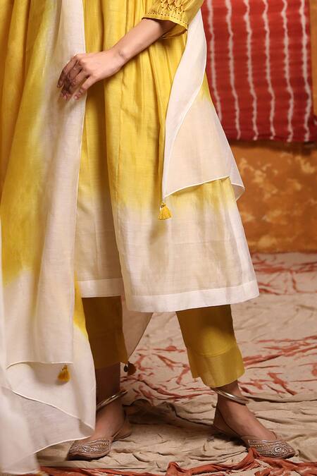 Buy Shivani Bhargava Yellow Handloom Chanderi Dyed Round Ombre Gathered Kurta Pant Set Online at Aza Fashions Buy_Shivani Bhargava_Yellow Handloom Chanderi Dyed Round Ombre Gathered Kurta Pant Set _Online_at_Aza_Fashions