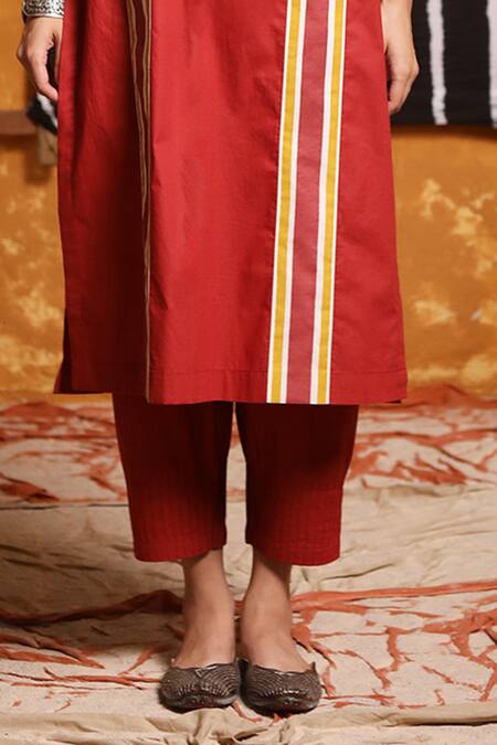 Shivani Bhargava Maroon Cotton Embroidery Thread Notched Colorblock Patchwork Kurta And Pant Set Online at Aza Fashions Shivani Bhargava_Maroon Cotton Embroidery Thread Notched Colorblock Patchwork Kurta And Pant Set _Online_at_Aza_Fashions