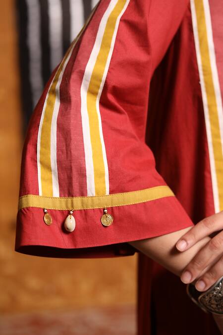 Buy_Shivani Bhargava_Maroon Cotton Embroidery Thread Notched Colorblock Patchwork Kurta And Pant Set 