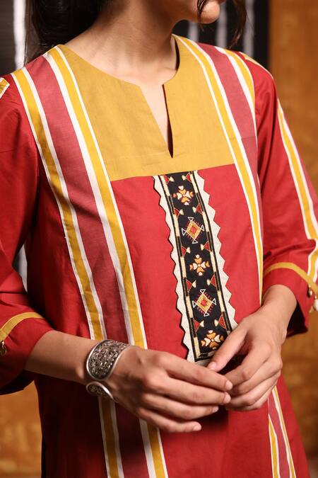 Buy_Shivani Bhargava_Maroon Cotton Embroidery Thread Notched Colorblock Patchwork Kurta _Online_at_Aza_Fashions