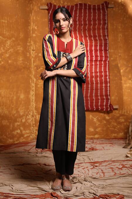 Buy_Shivani Bhargava_Black Cotton Embroidery Thread Notched Patchwork Kurta And Pant Set _Online_at_Aza_Fashions