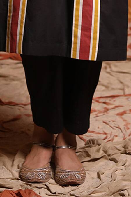 Shop_Shivani Bhargava_Black Cotton Embroidery Thread Notched Patchwork Kurta And Pant Set _Online_at_Aza_Fashions