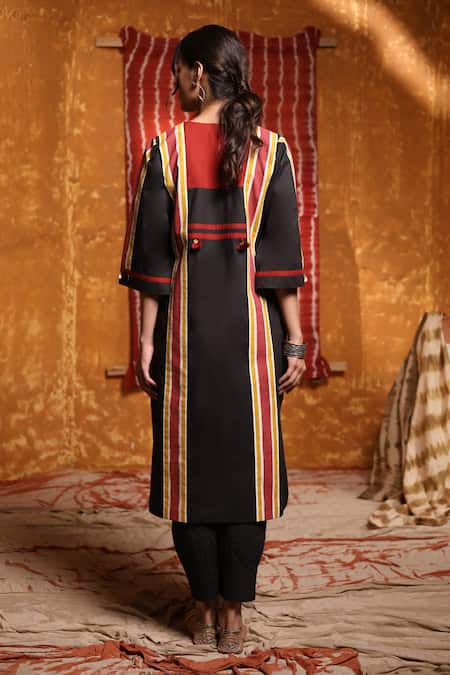 Shop_Shivani Bhargava_Black Cotton Embroidery Thread Notched Patchwork Kurta And Pant Set _at_Aza_Fashions