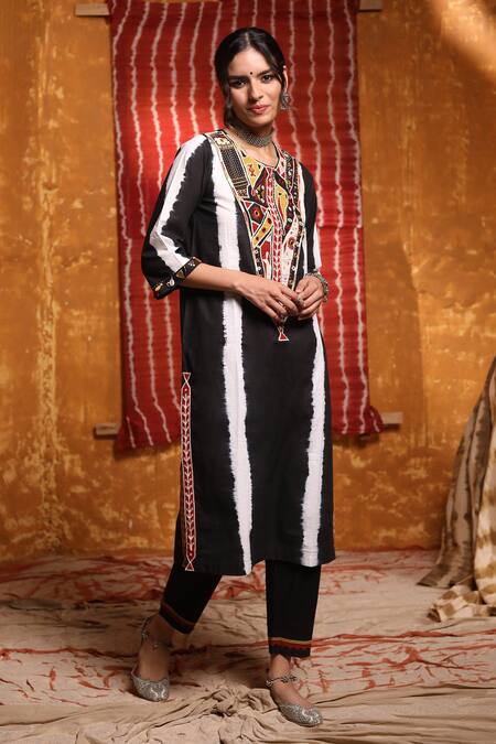 Shop Shivani Bhargava Black Cotton Embroidery Thread Round Mirror Yoke Kurta And Pant Set Online at Aza Fashions Shop_Shivani Bhargava_Black Cotton Embroidery Thread Round Mirror Yoke Kurta And Pant Set _Online_at_Aza_Fashions