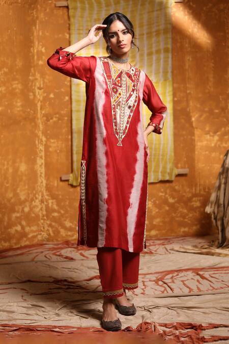 Shivani Bhargava Maroon Handloom , Chanderi, Embroidery, Beads, Tie Dye Kurta Set at Aza Fashions Shivani Bhargava_Maroon Handloom , Chanderi, Embroidery, Beads, Tie Dye Kurta Set _at_Aza_Fashions