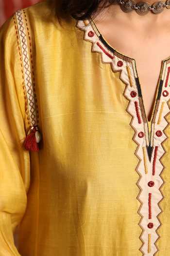 Shivani Bhargava Yellow Handloom Cotton, Cotton, Chanderi Triangle Applique Work Kurta Set at Aza Fashions Shivani Bhargava_Yellow Handloom Cotton, Cotton, Chanderi Triangle Applique Work Kurta Set _at_Aza_Fashions