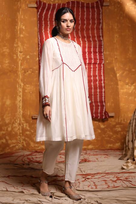 Buy_Shivani Bhargava_Ivory Handloom Cotton, Linen, Chanderi Embroidery, Gathered Anarkali Set _Online_at_Aza_Fashions