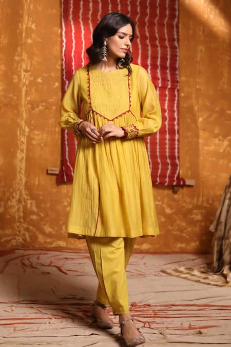 Shivani Bhargava_Yellow Handloom , Chanderi, Embroidery Gathered Anarkali Set _Online_at_Aza_Fashions