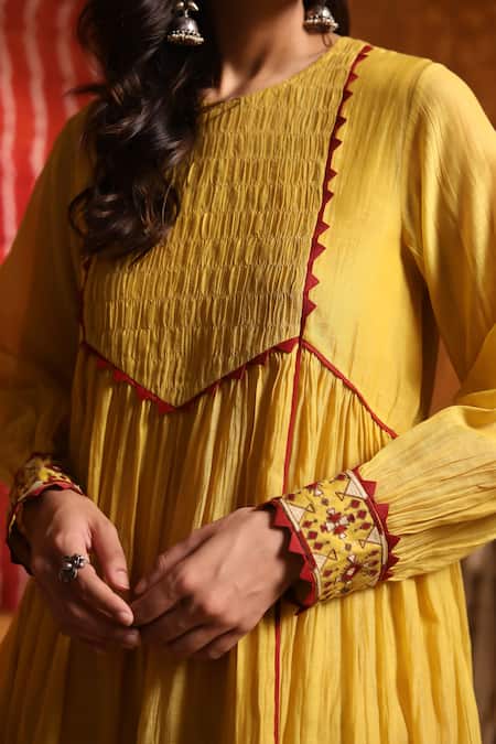 Buy_Shivani Bhargava_Yellow Handloom , Chanderi, Embroidery Gathered Anarkali Set _Online_at_Aza_Fashions