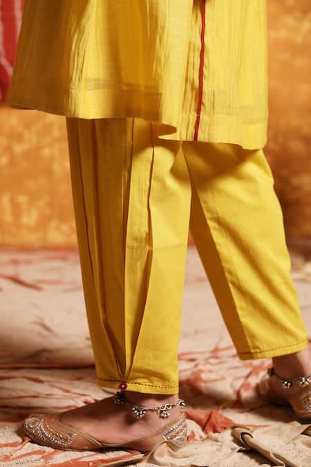 Shivani Bhargava_Yellow Handloom , Chanderi, Embroidery Gathered Anarkali Set _at_Aza_Fashions