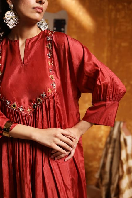 Shop_Shivani Bhargava_Maroon Handloom Cotton, Chiffon Mirrors, Beads, Sequins Silk Gathered Kurta Set _Online_at_Aza_Fashions